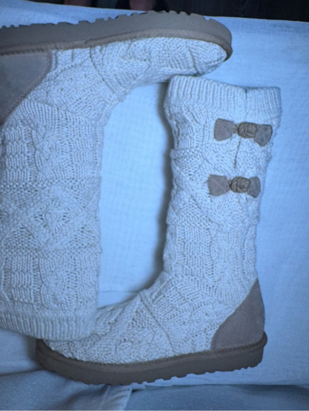 UGG Classic Cardy Knit Tall Boots Cream Cable Knit Cozy Cabincore Size 8 EUC - Picture 14 of 16